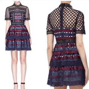 SELF-PORTRAIT NAVY BURGUNDY
EYELET TIERED MINI DRESS Hexagon